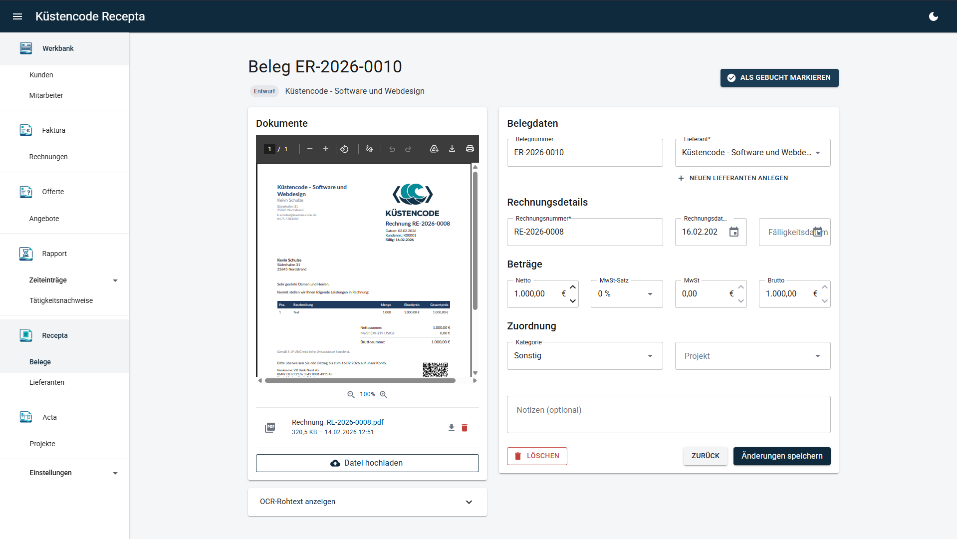 Recepta - Belegdetails bearbeiten