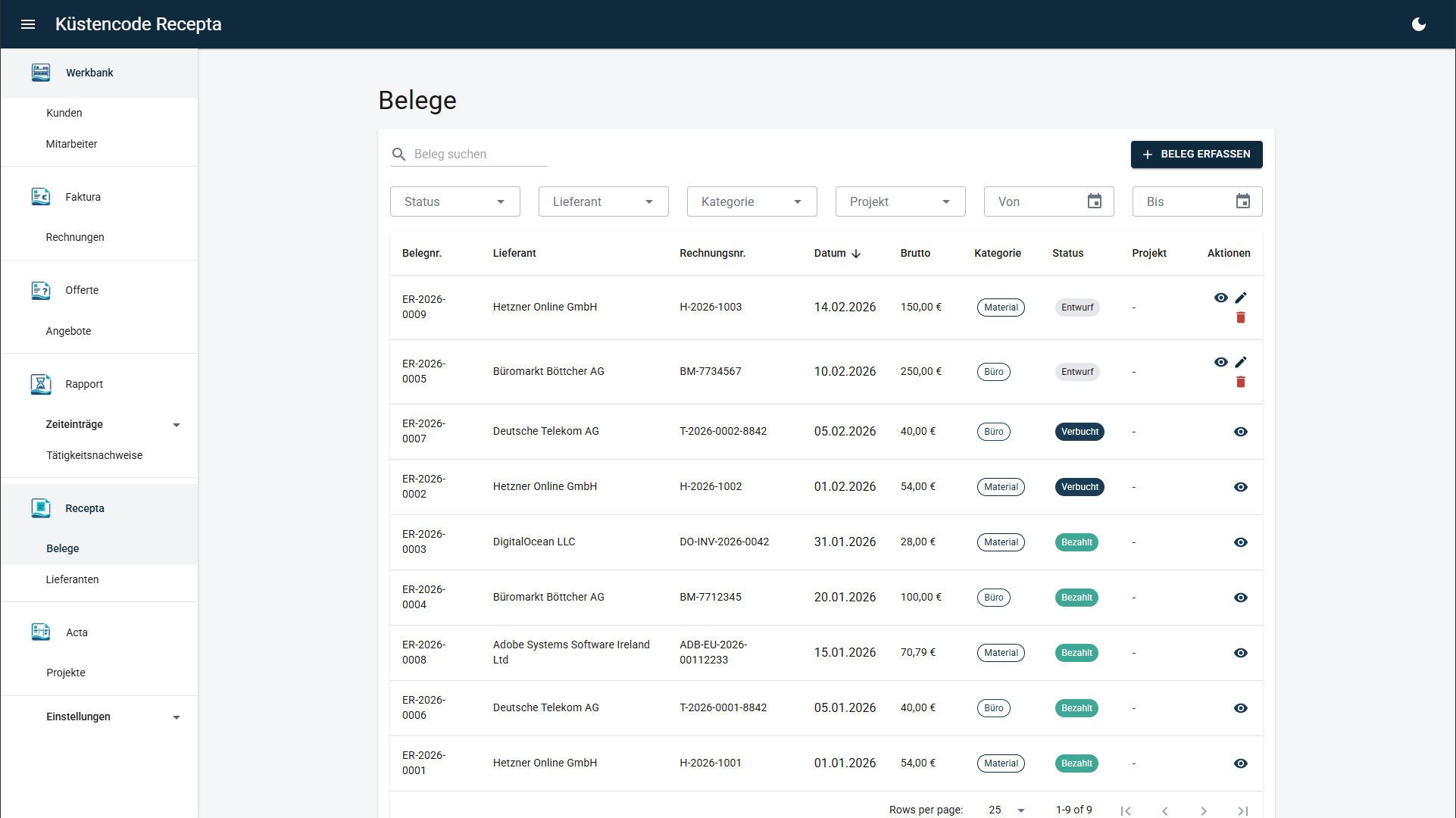 Recepta - Belegliste mit Filter und Status