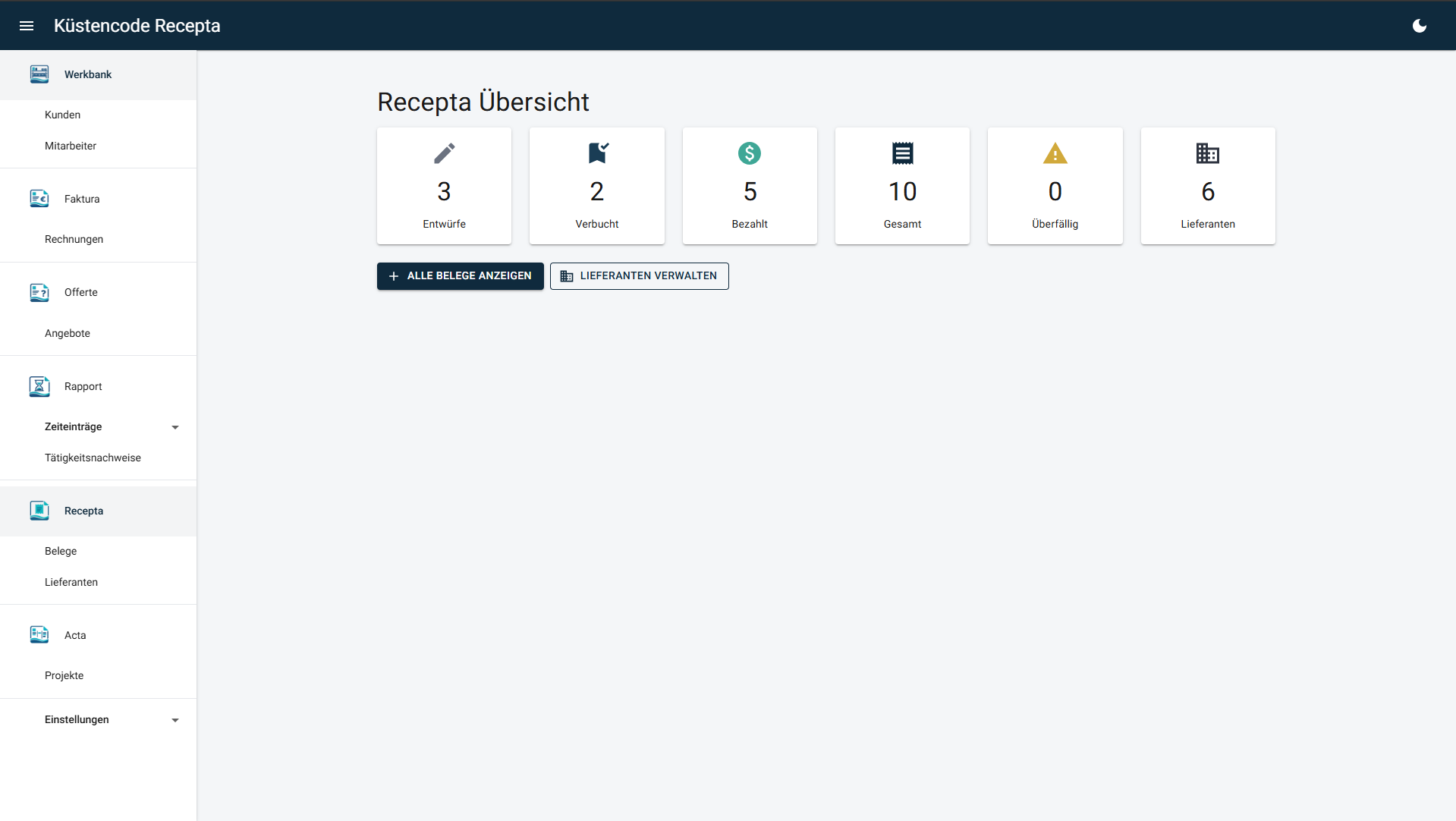 Recepta - Dashboard mit Belegübersicht